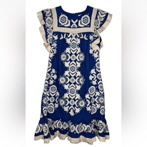 SEA NY Manuela Embroidered Cotton and Linen Tunic Dress Blue XS Extra Small